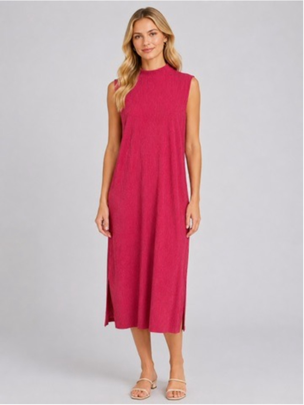 Eileen Fisher Woven Plisse Mock Neck Dress Sleeveless Crinkle Red Midi Size M